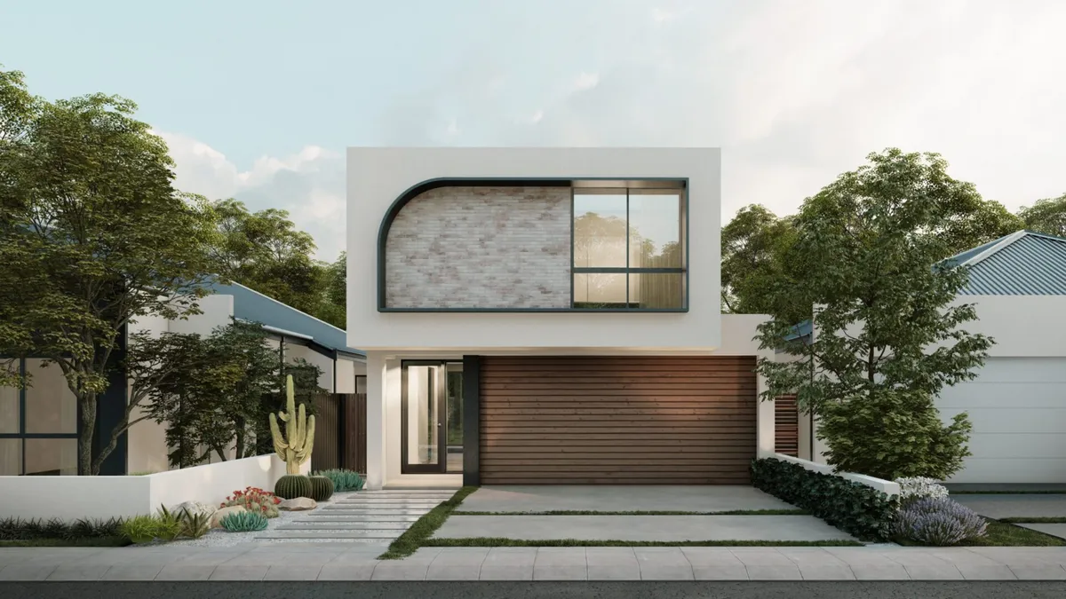 A modern two-storey home photographed in flat daylight, before the day-to-dusk edit