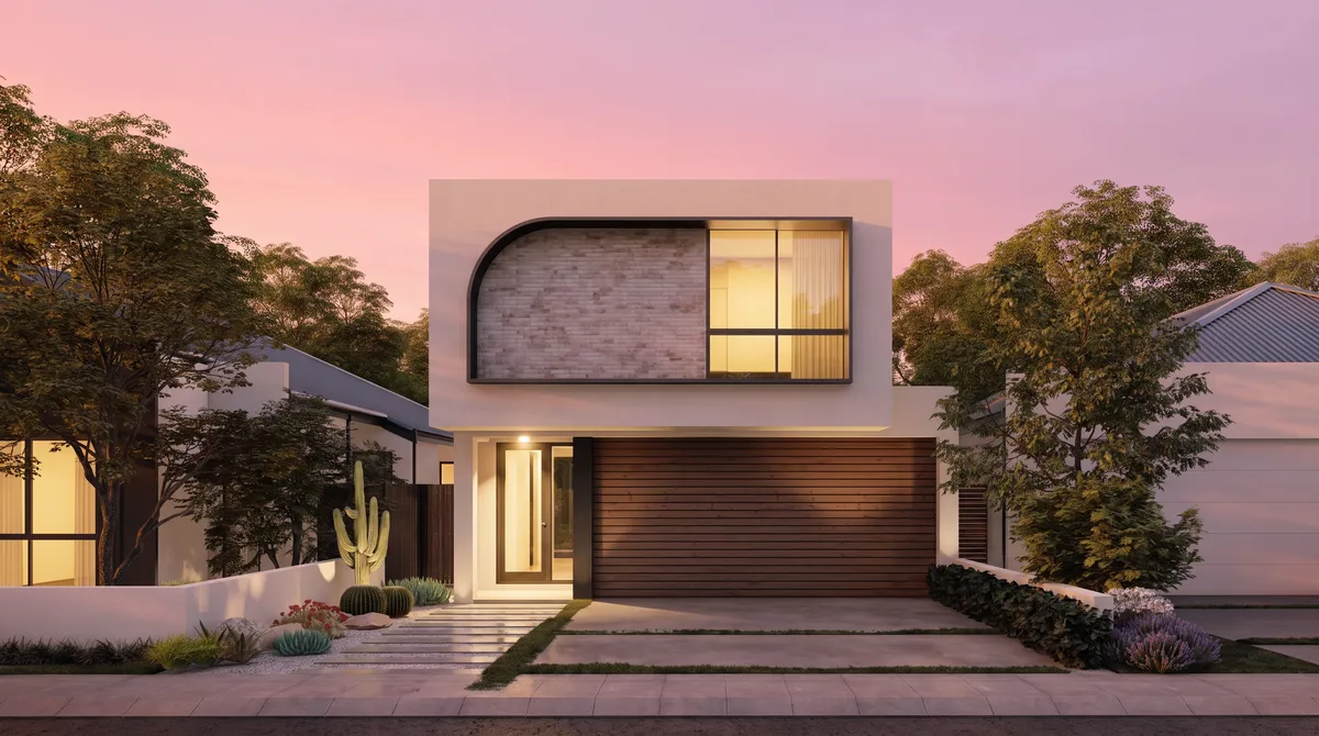 The same home under a pink afterglow sky