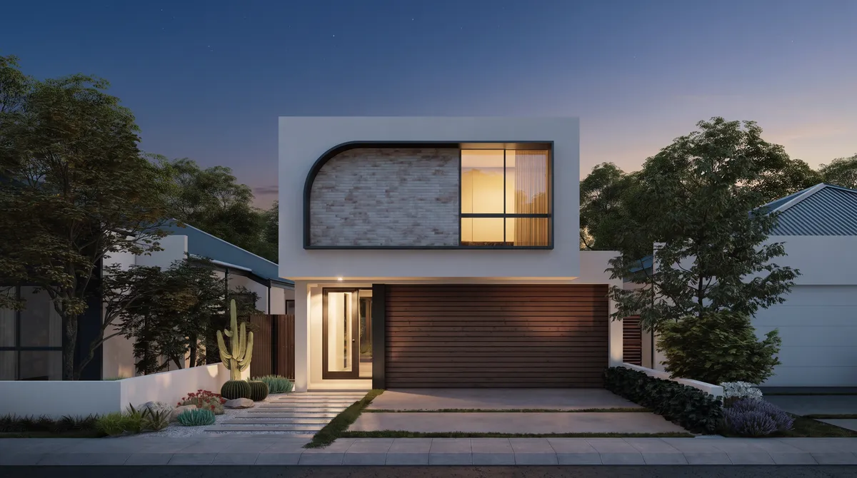 The same home at full twilight, the sky nearly dark