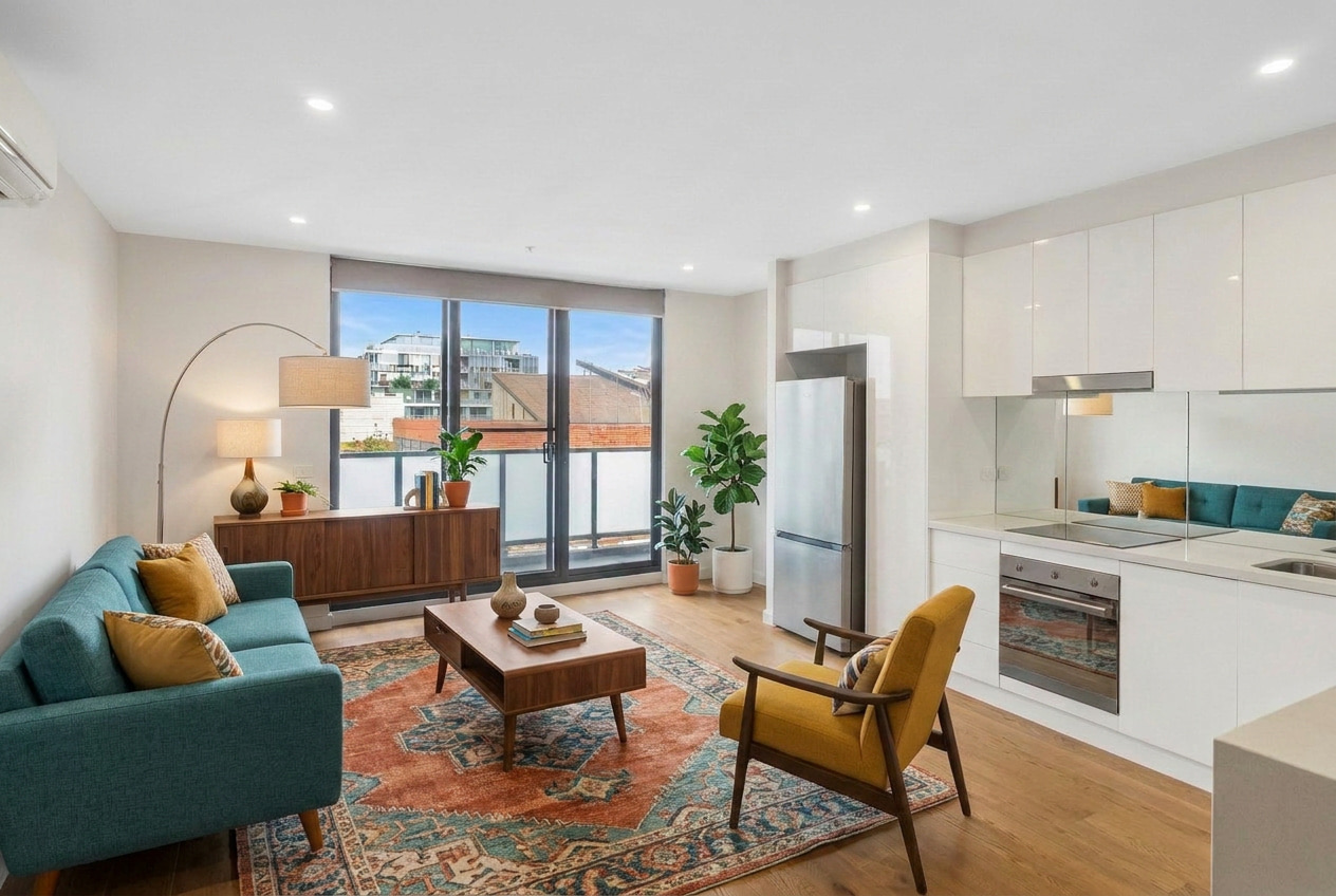 The same living room virtually staged with ProMyPhoto — clutter removed, furniture digitally added